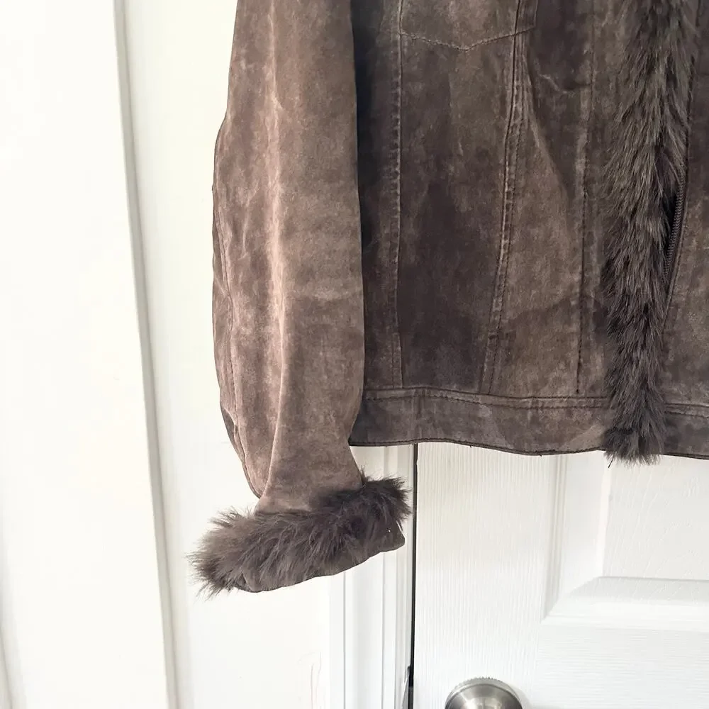 Coldwater Creek Chocolate Brown Suede Fur Trim Zip Trucker Jacket Y2K Vintage L - Picture 3 of 9